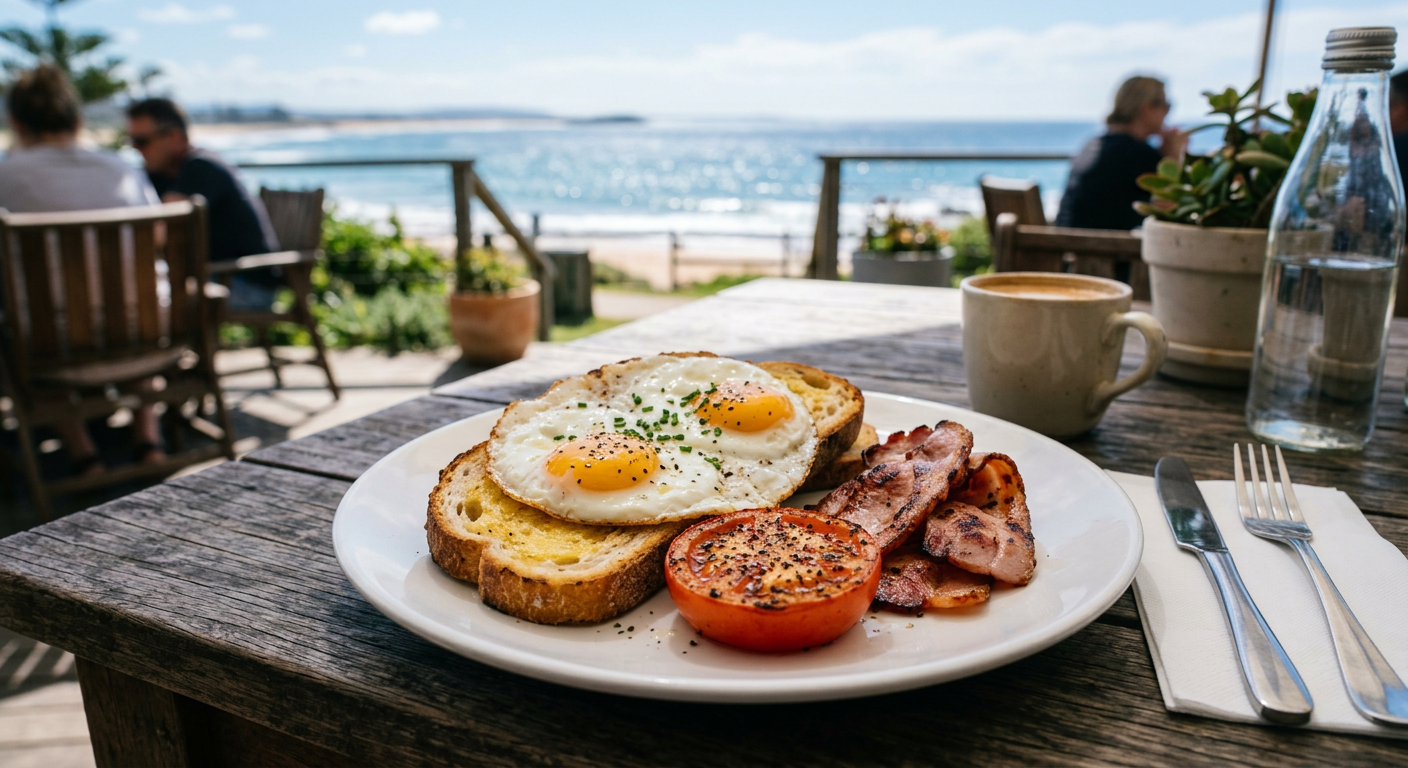 Cooked breakfast of eggs on toast with bacon and grilled tomato on an outdoor table