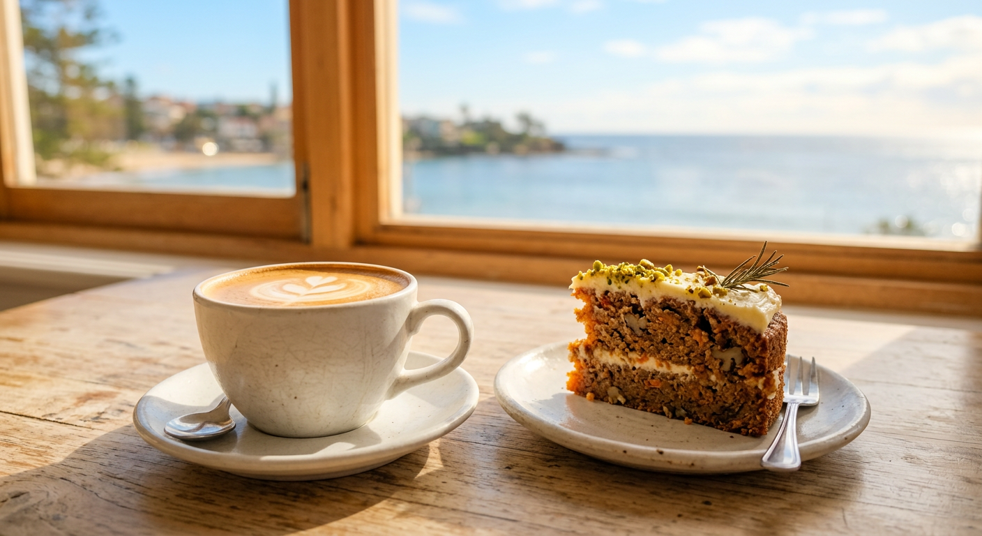 Flat white coffee beside a slice of cake on a cafe table