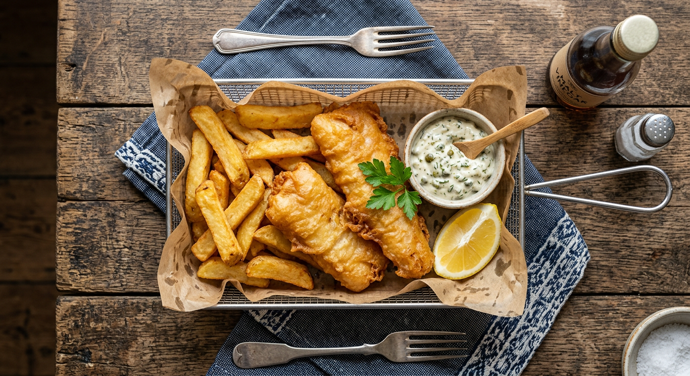 Golden battered fish and chips in a basket with a lemon wedge and tartare sauce